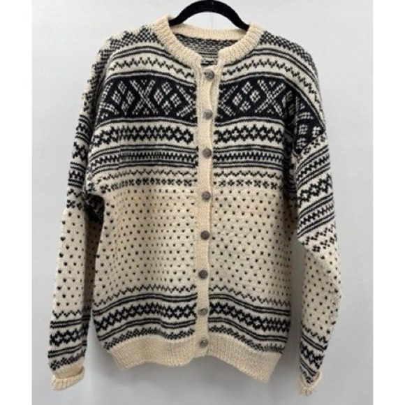 Unbranded Sweaters - Vintage Unisex Cream Black Nordic Fair Isle Cardigan Sweater LARGE Cottage Folk